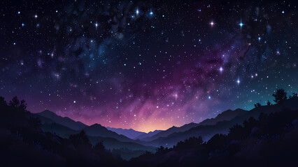Naklejka premium A mesmerizing abstract illustration of a starry night sky, featuring glowing stars of varying sizes scattered across a gradient of deep blue and purple hues, with soft swirls of cosmic light