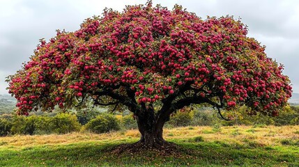 Fototapeta premium A large, full, red apple tree laden with fruit stands alone in a grassy field under a cloudy sky.