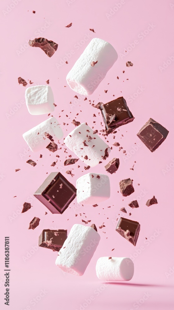 Aufkleber pieces of chocolate and marshmallows are levitating on a vibrant pink background, creating a playful