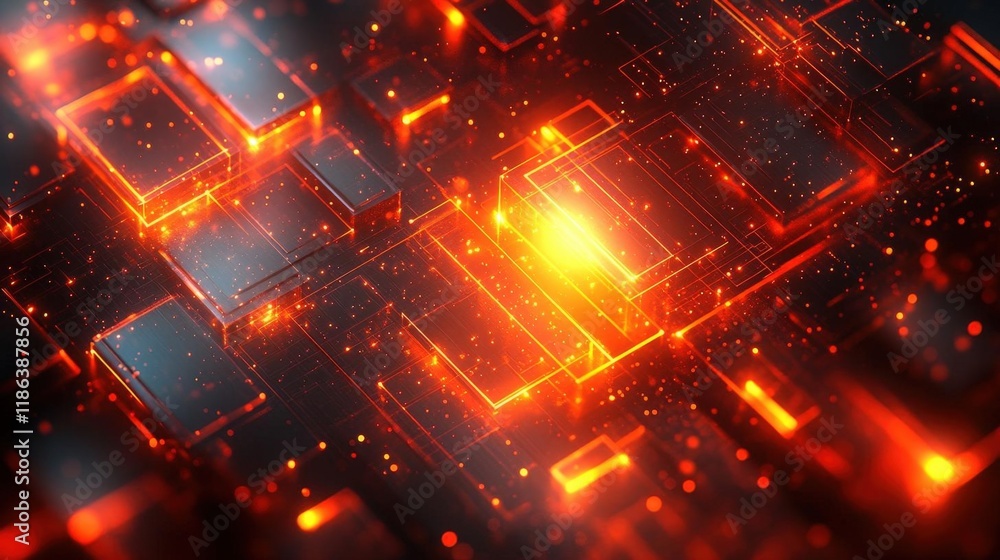 Poster abstract digital network background with glowing red and orange energy lines and cubes