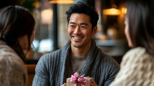 Happy East Asian Man Giving Gift Wrapped with Ribbon and Flower to Two Friends in Cafe