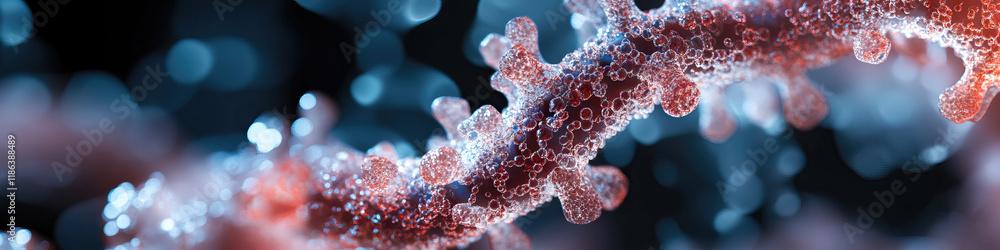 Poster digital rendering of helical structure with translucent globules