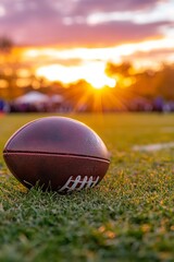 Close-Up of Football Rolling on Field Under Bright Sunset in Background