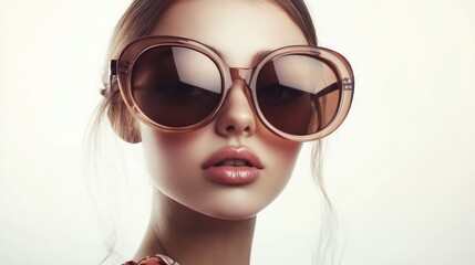 Naklejka premium Close-up of a girl wearing oversized sunglasses, stylish expression, solid white background