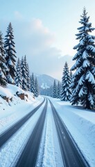 Obraz premium Frozen landscape with snow-covered trees along a wide winding road, snow covered trees, natural scenery