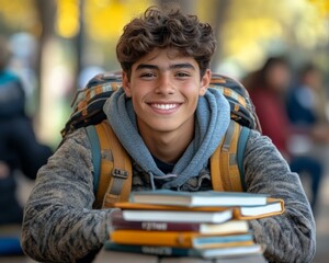 Cheerful Teenage Boy Celebrates No Homework Day, Smiling Teen Enjoys No Homework Day Outdoors in a Casual Setting