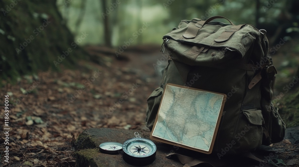 Aufkleber Exploring nature with a backpack, compass, and map in a serene forest setting. Generative AI
