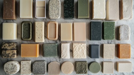 Fototapeta premium Daily essentials showcase featuring soap, shampoo bars, and deodorant in plastic-free packaging