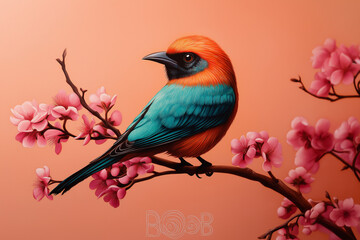 Lebendiger Vogel auf einem Zaun mit bl&uuml;henden Blumen im Hintergrund

