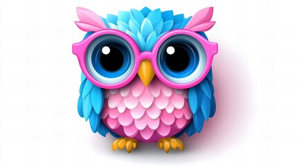 Obraz premium Adorable cartoon owl wearing pink glasses. Bright colors, playful mood. Perfect for kids' projects!