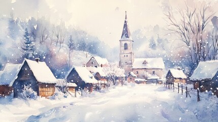 Snowy village church winter scene, snowfall, postcard