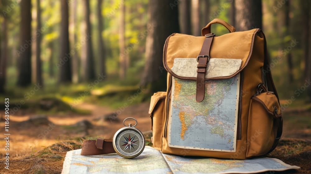 Poster Exploring nature with a backpack, compass, and map in a tranquil forest setting during daylight hours. Generative AI