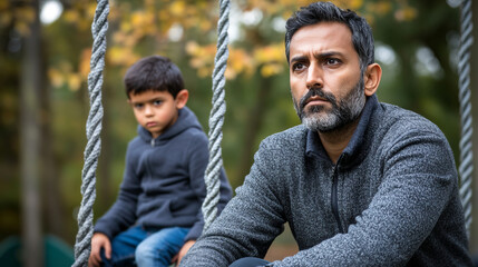 Obraz premium South Asian Single Dad Contemplating Life While Sitting in Playground with Son on Swing