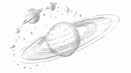 A hand-drawn monochrome outline of the solar system planets, designed with intricate details.