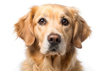 Golden retriever tilting its head, with a confused and curious face. white background