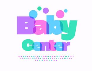 Vector Joyful sign Baby Center. Bold Colorful Font for Sport, Fashion, Logo Design. Bright Alphabet Letters and Numbers set.