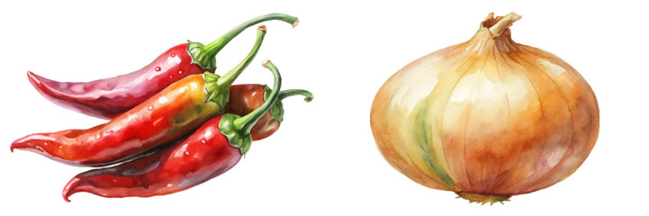 Vibrant red chili peppers, fresh onion, watercolor illustration, culinary art, food styling, kitchen decor.