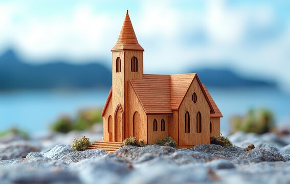 A wooden church in a blue landscape, embodying Christian values with Catholic influences, where a cross and Jesus Christ are central. It is a place of worship and praise, and it brings the community