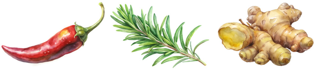 Vibrant chili pepper, fresh rosemary sprig, ginger root illustration, culinary herbs, natural ingredients, watercolor style.