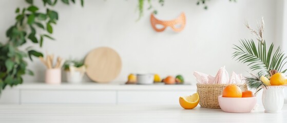 Purim Celebration in a Bright Kitchen Purim Spirit and Festive Decor for New Year and Carnival