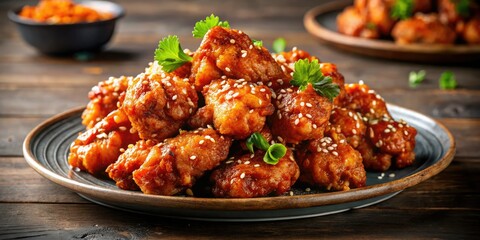 Fototapeta premium Crispy Korean fried chicken, glistening glaze, mouthwatering close-up. High-res food photography.
