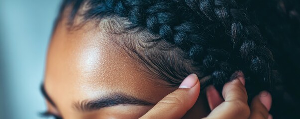 Hair braiding, self care, grooming, unique beauty practices A close up of a hand braiding underarm hair, showcasing a playful and unconventional approach to personal