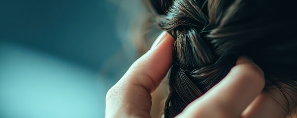 Hair braiding, self care, grooming, unique beauty practices A close up of a hand braiding underarm hair, showcasing a playful and unconventional approach to personal