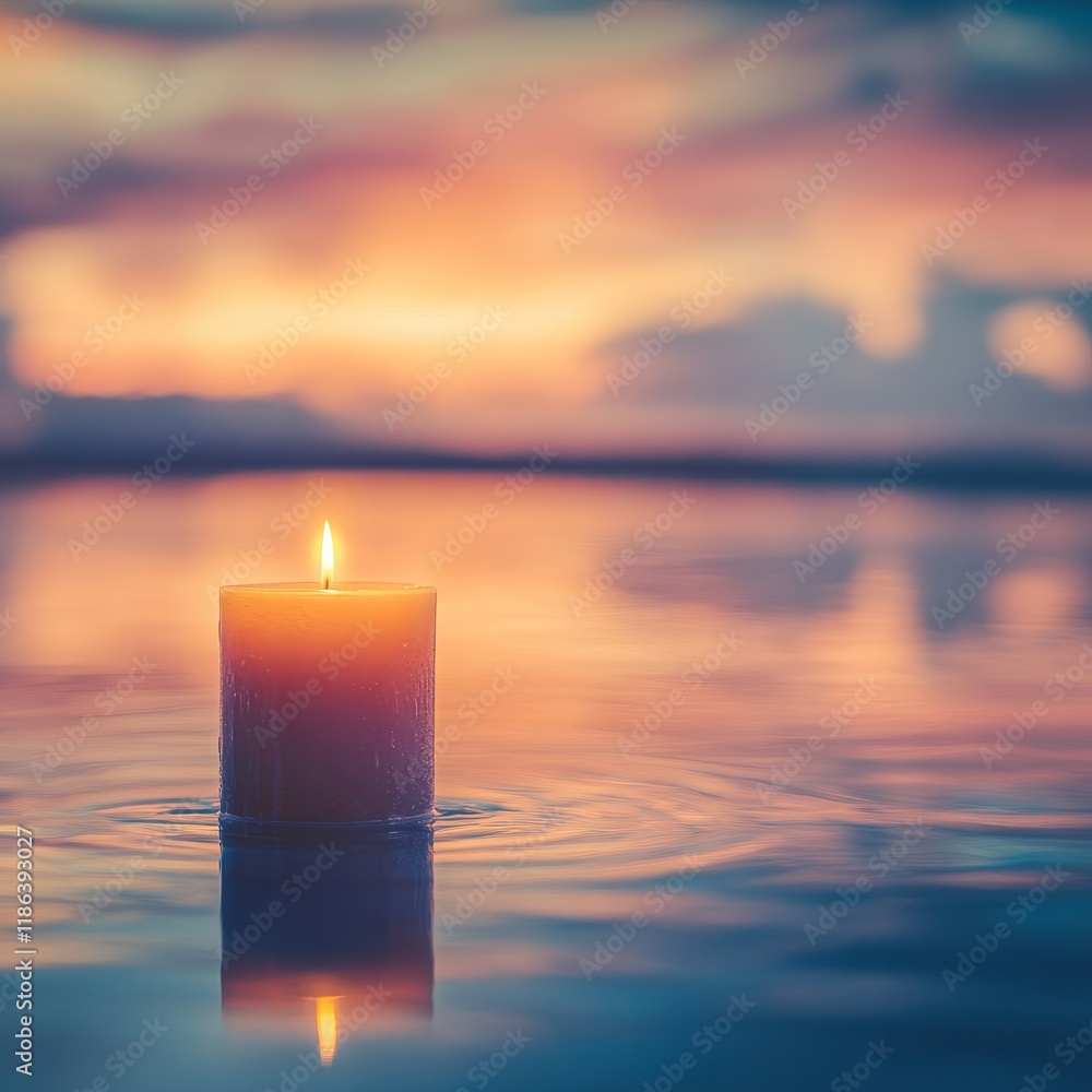 Aufkleber tranquil candle floating on calm water at dusk with soft colors and gentle reflections creating a pe