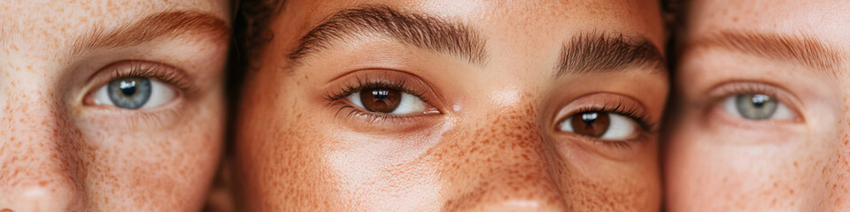 Obraz premium Close-up of Three Faces with Diverse Skin Tones and Eye Colors