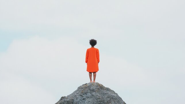 Empowerment on International Womens Day African-American Woman in Orange Dress on Cliff, Womens Day Theme, International Womens Day - Powered by Adobe