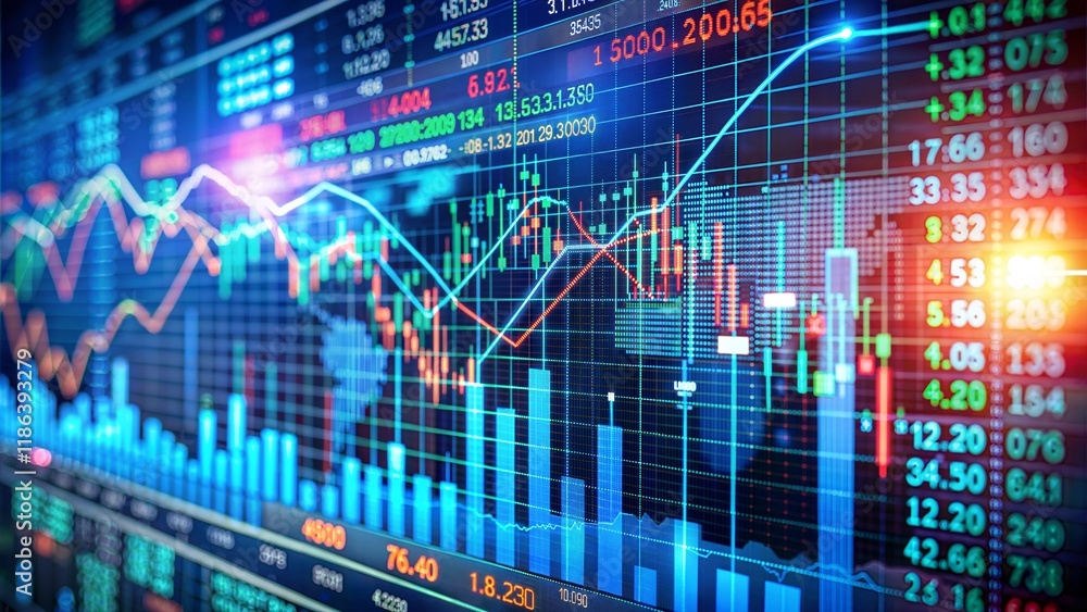 Aufkleber stock market trends and analysis displayed on a digital trading interface with colorful graphs and d