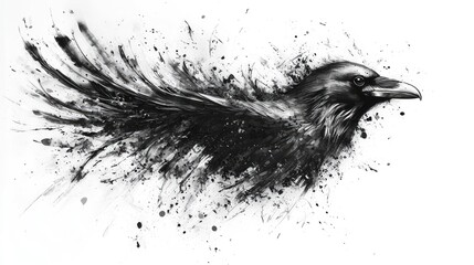 Raven in Flight: A Black and White Ink Splatter Masterpiece