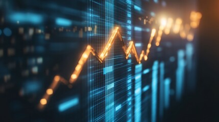 Positive Growth Trend: A dynamic upward trending graph glows brightly against a backdrop of digital data, symbolizing growth, progress, and positive financial indicators.  
