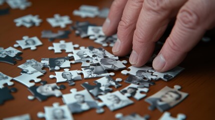 A hand carefully places pieces in a black and white puzzle, showcasing a collection of monochrome photography portraits being attentively assembled.