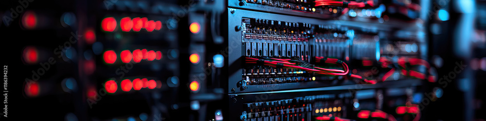 Poster server rack with red cables and illuminated components