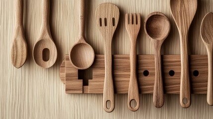 A collection of elegant wooden kitchen utensils hanging on a rustic oak rack.
