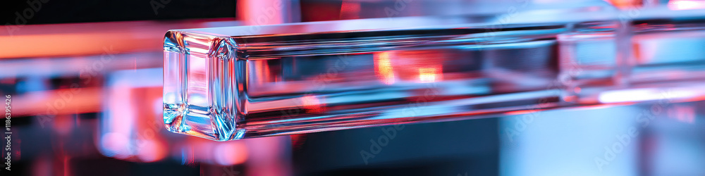 Poster rectangular glass object under red and blue illumination