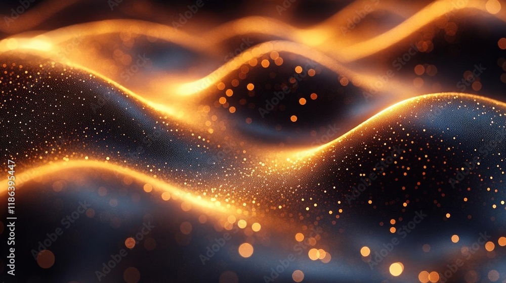 Aufkleber abstract glowing particle waves: dynamic gold and blue texture background