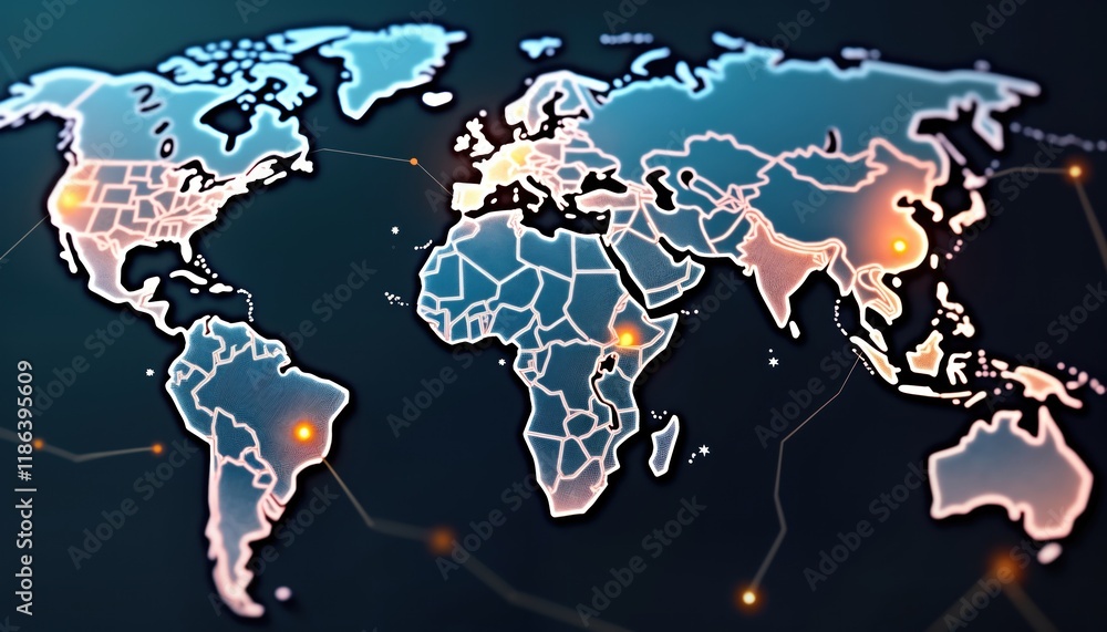 Poster global digital map highlights network connections, cybersecurity icons. interactive visualization of