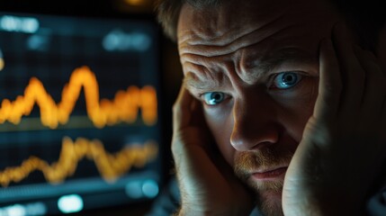 The Weight of Uncertainty: A man's face, etched with worry and tension, is captured in close-up as he stares intently at a fluctuating graph displayed on a computer screen.