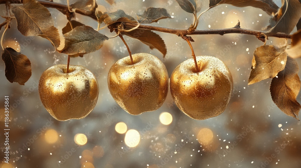 Poster glittering golden apples hanging on branch with bokeh background