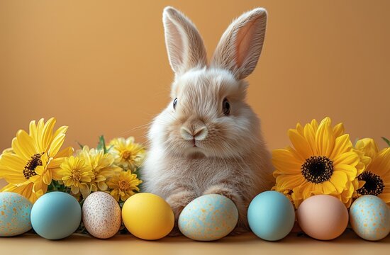 Celebration of Easter Monday. A white rabbit among a lovely stack of eggs. Stunning Easter wallpaper