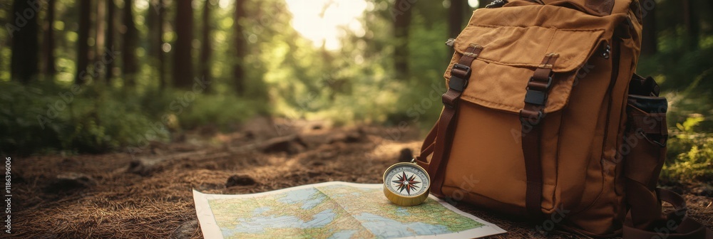 Poster exploring nature with a compass and map beside a backpack in a lush forest at golden hour. generativ