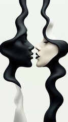 Fototapeta premium Abstract image of two faces merging together with flowing black and white shapes, symbolizing connection or unity