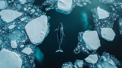 Whale swimming in icy arctic waters.
