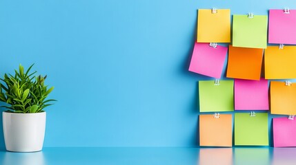 An innovative session with vibrant sticky notes and an empty blue table fosters a creative environment for fresh ideas to surface.