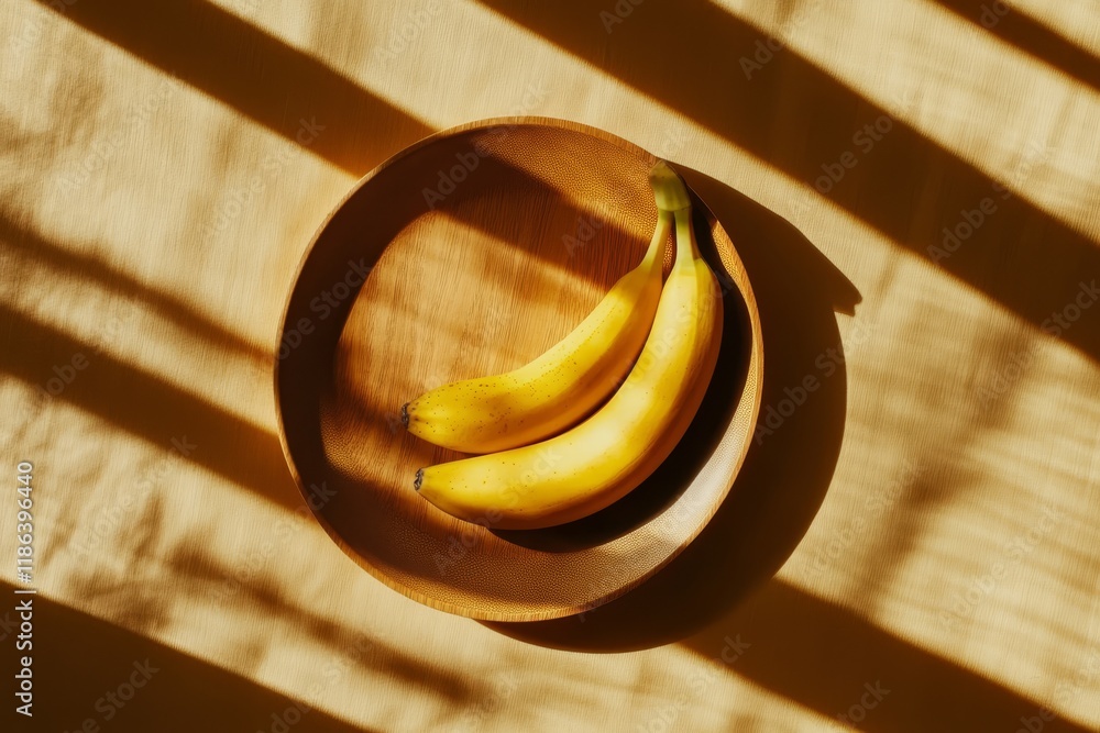 Aufkleber two ripe bananas resting on a wooden plate with soft shadows and warm light creating an inviting and