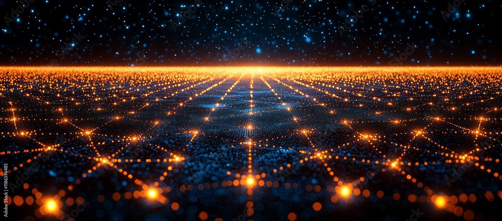 Poster abstract digital network connecting glowing nodes.