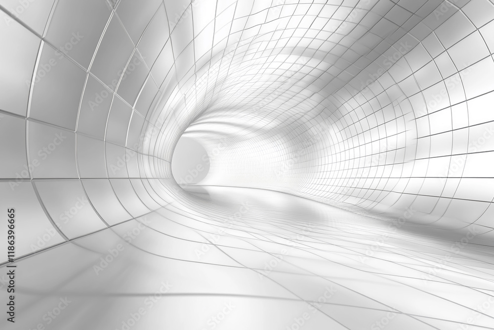 Poster futuristic white tunnel with curved walls and geometric tile patterns