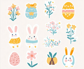 Cute stickers, Easter bunny, Easter egg, Easter flowers. 